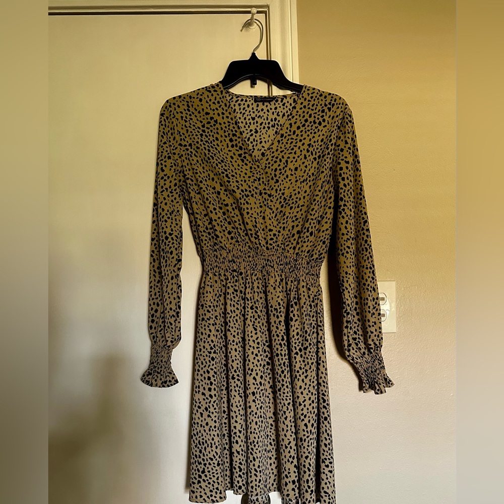 PrettyGarden Leopard Mini Dress, Long Sleeve, V neck, Chiffon Swing, Size Small